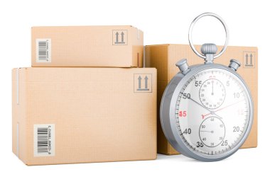 Nakliye ve lojistik konsepti. Kronometresi olan üç paket, beyaz arkaplanda 3 boyutlu görüntüleme 