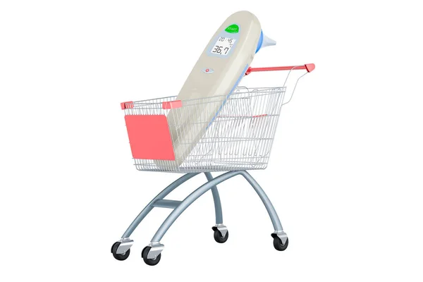 ショッピングカートでデジタル額と耳温度計 白い背景に隔離された3Dレンダリング — ストック写真