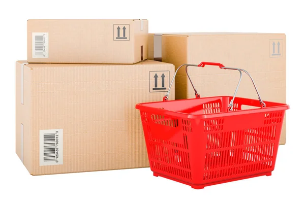 Shipping Logistics Concept Three Parcels Shopping Basket Rendering Isolated White — Stock Photo, Image