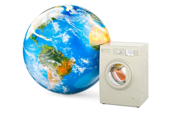 地球と洗濯機 白い背景に隔離された3Dレンダリング — ストック写真