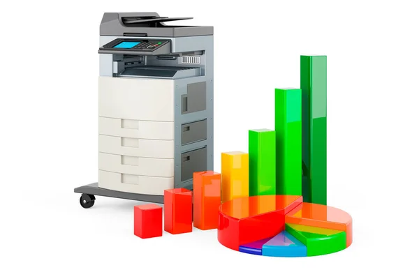 Office multifunction printer MFP with growth bar graph and pie chart, 3D rendering isolated on white background