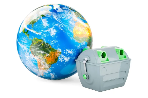 Grauer Müllbehälter Mit Earth Globe Rendering Isoliert Auf Weißem Hintergrund — Stockfoto