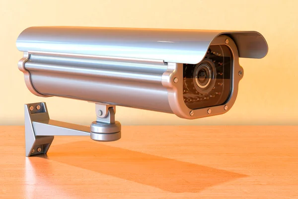 Κάμερα Παρακολούθησης Ασφάλειας Πάνω Στο Ξύλινο Τραπέζι Rendering — Φωτογραφία Αρχείου