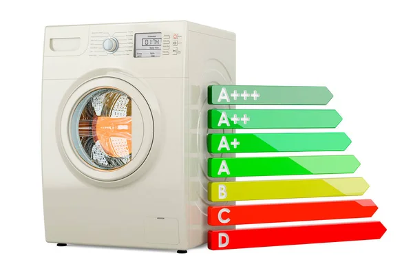 エネルギー効率チャート付き洗濯機 白い背景に隔離された3Dレンダリング — ストック写真
