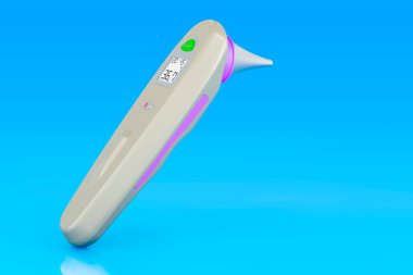 Mavi arkaplan üzerine dijital alın ve kulak termometresi, 3D görüntüleme 