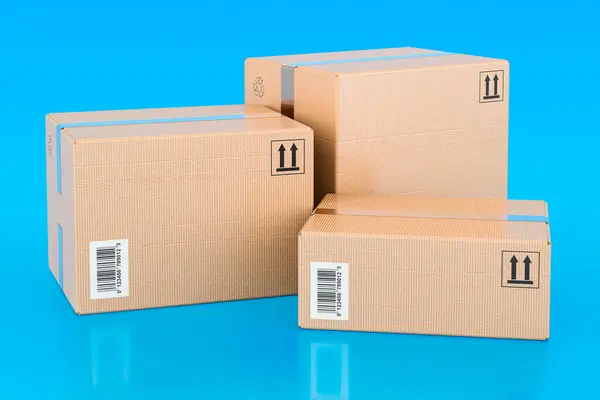 Three Parcels Shipping Logistics Concept Blue Backdrop Rendering — Stock Photo, Image