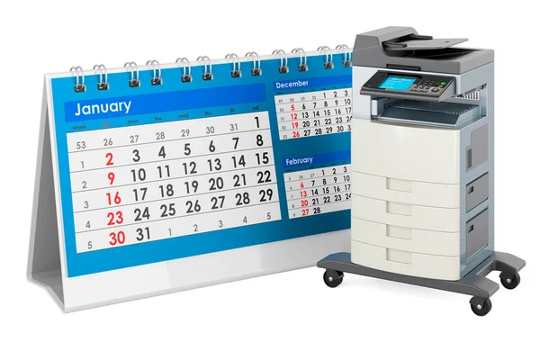 Office multifunction printer MFP with desk calendar. 3D rendering isolated on white background