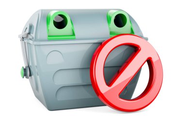 Yasak sembollü gri çöp konteynırı. Beyaz arkaplanda 3B görüntüleme izole edildi