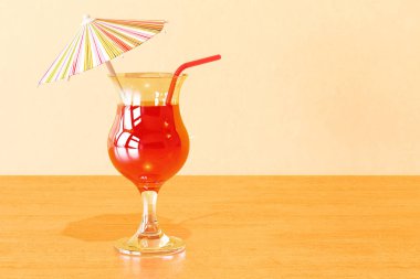 Tahta masada tropik bir kokteyl, 3 boyutlu. 