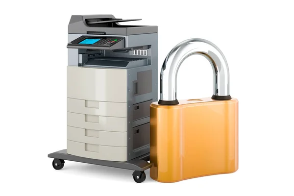Office multifunction printer MFP with padlock. 3D rendering isolated on white background