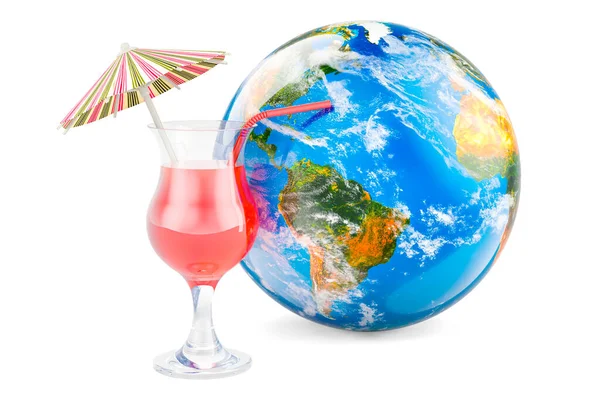 Tropical cocktail with Earth Globe. 3D rendering isolated on white background