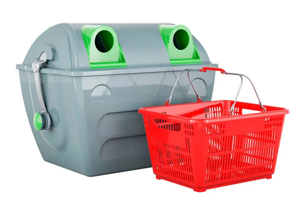 灰色垃圾箱 装有购物篮 在白色背景上孤立的3D渲染 — 图库照片