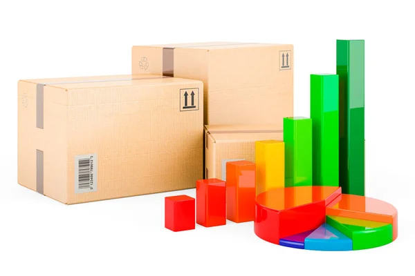 Shipping Logistics Concept Three Parcels Growth Bar Graph Pie Chart — Stock Photo, Image