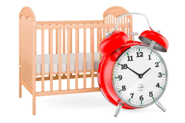 ベビーベッド 目覚まし時計付きの幼児用ベッド 白い背景に隔離された3Dレンダリング — ストック写真
