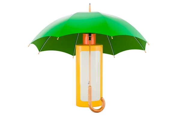 Botella Cosmética Plástico Naranja Bajo Paraguas Representación Aislada Sobre Fondo — Foto de Stock