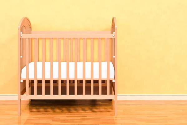 婴儿床 靠近墙壁的房间里的婴儿床 3D渲染 — 图库照片