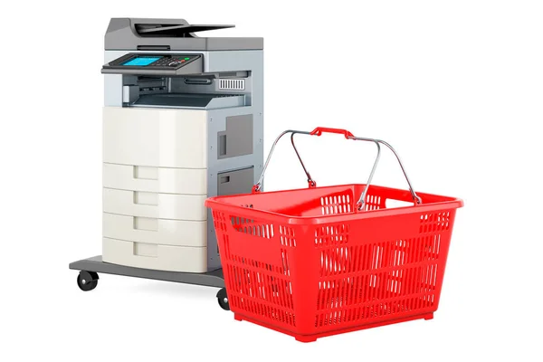 Office multifunction printer MFP with shopping basket. 3D rendering isolated on white background