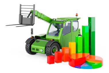 Büyüme çubuğu grafiği ve pasta grafiği olan teleskopik taşıyıcılar. Beyaz arkaplanda 3B görüntüleme izole edildi