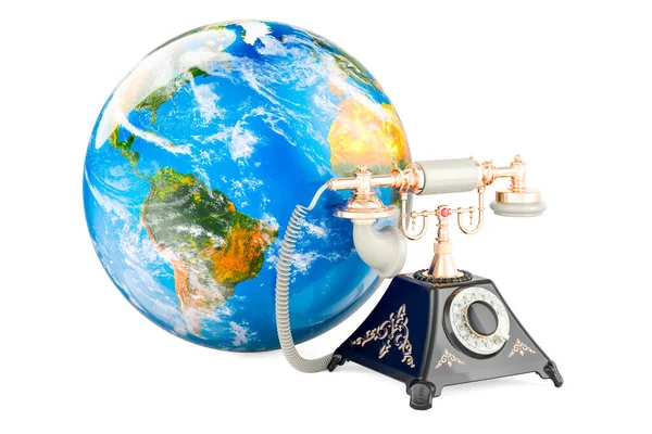Gammaldags Telefon Med Earth Globe Rendering Isolerad Vit Bakgrund — Stockfoto