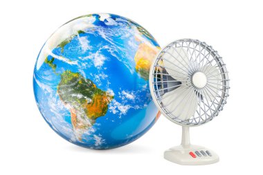 Earth Globe 'un masa hayranı. Beyaz arkaplanda 3B görüntüleme izole edildi