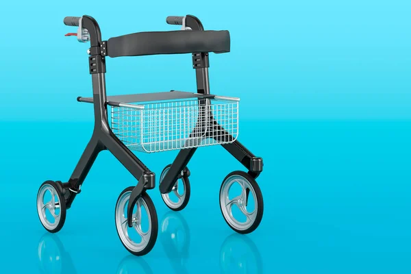 适用于老年人的滚筒 手动制动器和可锁定制动器 带有篮子 座椅和4个轮子 蓝色背景的3D渲染 — 图库照片