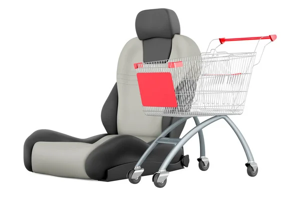 ショッピングカート付きレザーバケットシート自動車 白い背景に隔離された3Dレンダリング — ストック写真