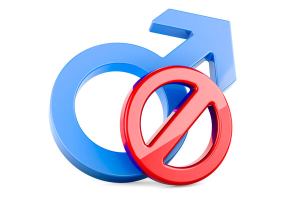 Male gender symbol with prohibition sign. 3D rendering isolated on white background
