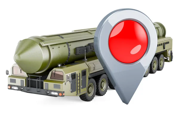 地図ポインタを持つスクードミサイル モバイル短距離弾道ミサイルシステム 白い背景に隔離された3Dレンダリング — ストック写真