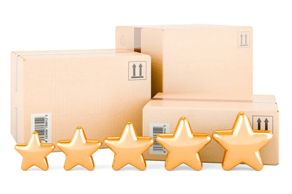 Three Parcels Five Golden Stars Rendering Isolated White Background — Stock Photo, Image