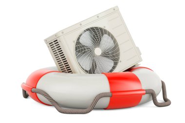 Klima, açık hava kompresör ünitesi ve can simidi. Beyaz arkaplanda 3B görüntüleme izole edildi