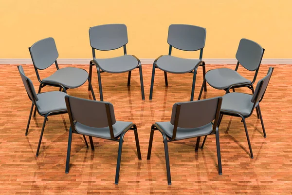 Empty chairs in a circle or meeting room, 3D rendering
