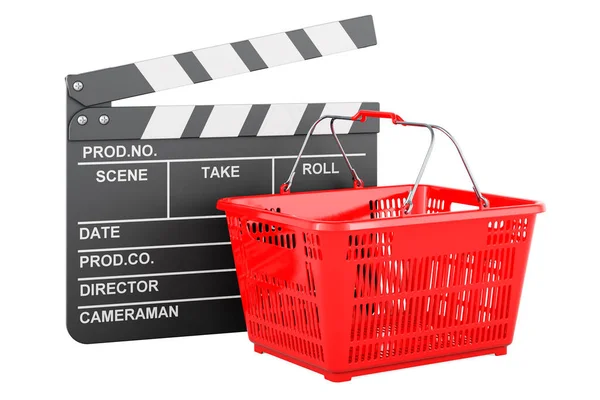 Shopping Korg Med Film Clapper Rendering Isolerad Vit Bakgrund — Stockfoto