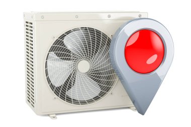 Klima, harita işaretleyicili açık hava kompresör ünitesi. Beyaz arkaplanda 3B görüntüleme izole edildi