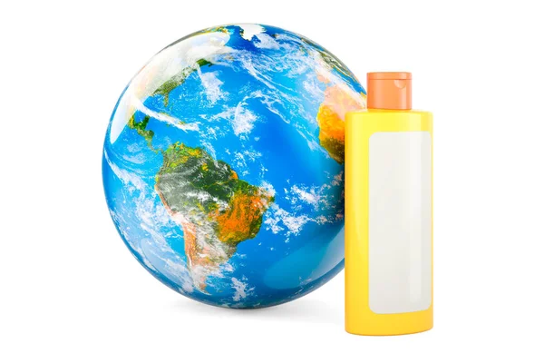 Bottiglia Cosmetica Plastica Arancione Con Globo Terrestre Rendering Isolato Sfondo — Foto Stock