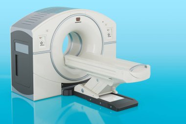 PET tarayıcı, pozitron emisyon tomografisi. Mavi arkaplanda 3B görüntüleme