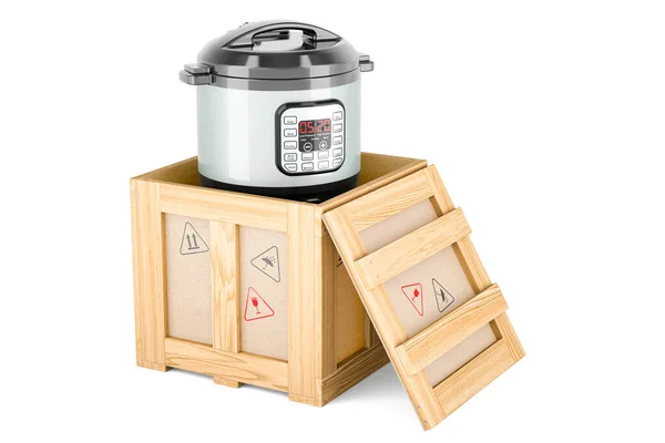 Multicooker Automático Dentro Caja Madera Concepto Entrega Representación Aislada Sobre — Foto de Stock