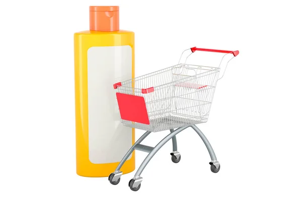 Oranje Plastic Cosmetische Fles Met Winkelwagen Rendering Geïsoleerd Witte Achtergrond — Stockfoto