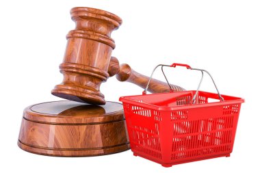 Tahta Gavel alışveriş sepetiyle, 3 boyutlu görüntüleme beyaz arka planda izole edildi