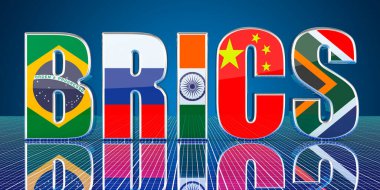 BRICS zirvesi konsepti, mavi arkaplanda 3D görüntüleme