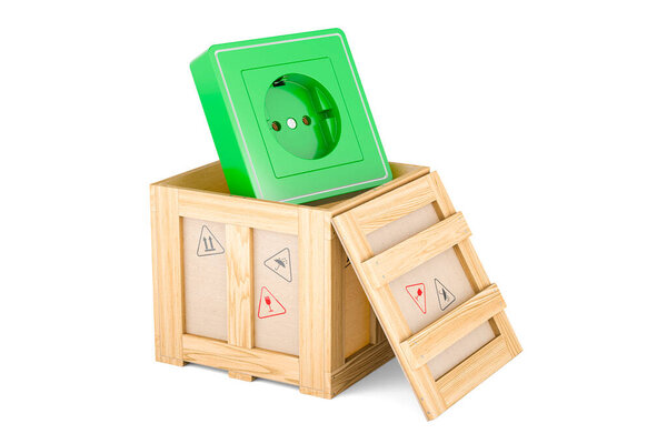 Electrical outlet, socket inside wooden box, delivery concept. 3D rendering isolated on white background