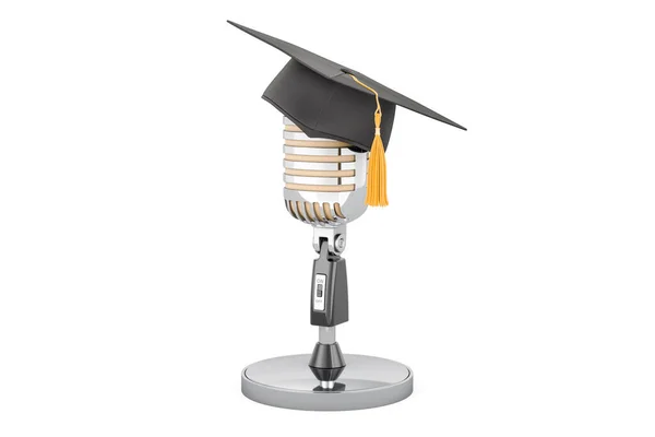 stock image Microphone with graduation cap, 3D rendering isolated on white background