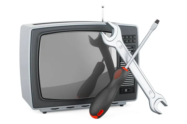 带螺丝刀和扳手的复古电视机 在白色背景上孤立的3D渲染 — 图库照片