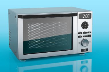 Kombinasyon fırını, mikrodalga fırın. Mavi arkaplanda 3B görüntüleme