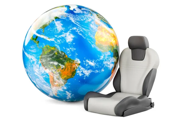 地球グローブ付きレザーバケットシート自動 白い背景に隔離された3Dレンダリング — ストック写真