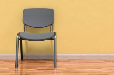 Toplantı odası için tekerlekleri olmayan siyah ofis sandalyesi ya da duvarın yanındaki odada ziyaret odası, 3D görüntüleme