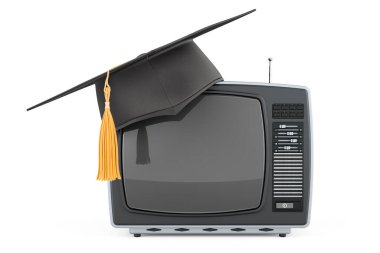 Eğitim şapkalı Retro TV seti. Beyaz arkaplanda 3B görüntüleme izole edildi