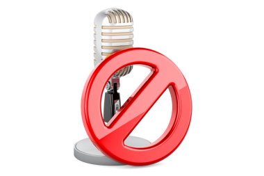 Yasak işaretli Retro mikrofon. Beyaz arkaplanda 3B görüntüleme izole edildi