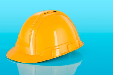 İnşaat Turuncu Sert Şapka, mavi arkaplanda 3D görüntüleme