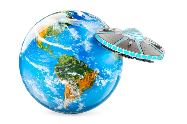 Ufo Med Earth Globe Rendering Isolerad Vit Bakgrund — Stockfoto