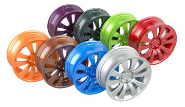 Colored car rims, 3D rendering isolated on white background clipart